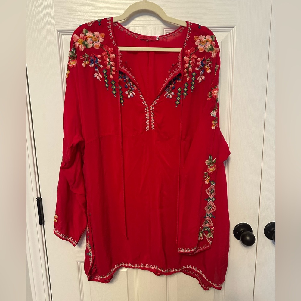 Johnny Was Vanessa Red Floral Embroidered Tunic Top Size 2X
